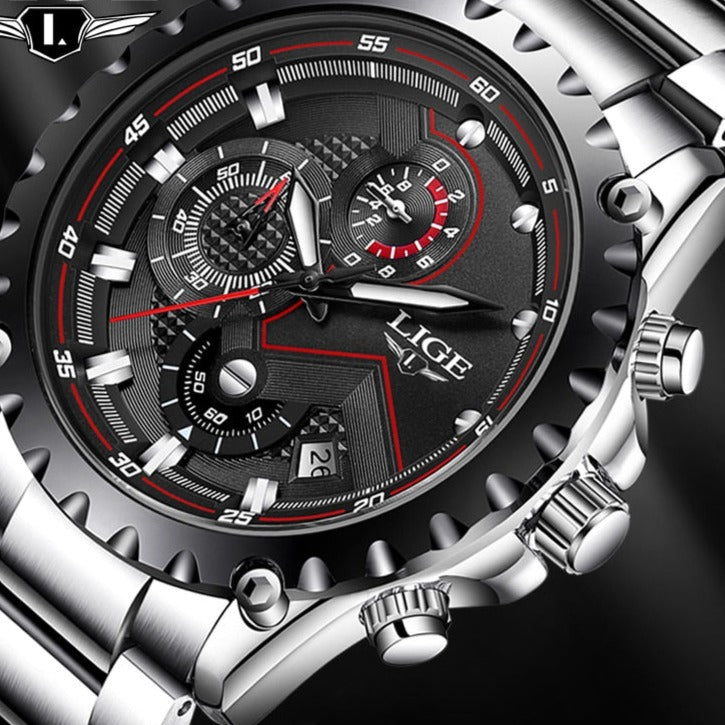 LIGE Fashion Mens Watches Top Luxury Brand Silver Stainless Steel 30m Waterproof Quartz